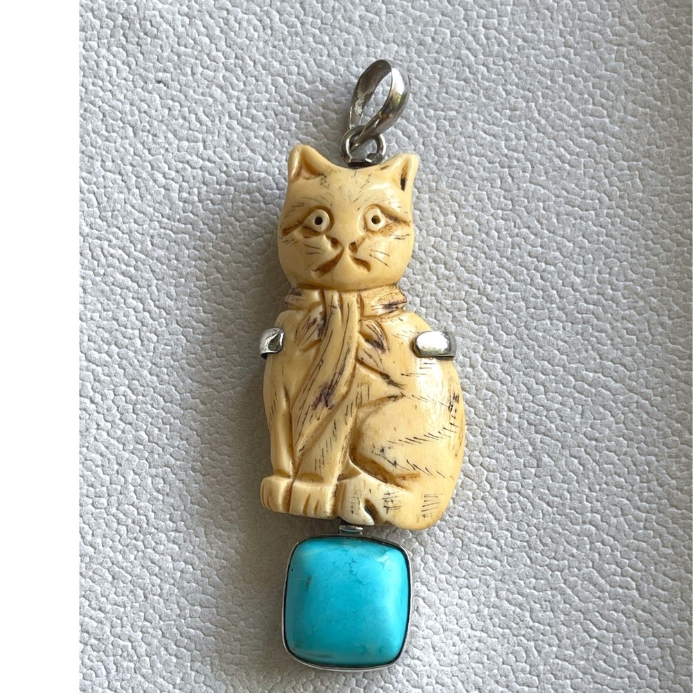 Vintage 925 Sterling Silver Turquoise Carved Bone Cat Pendant 3" 17g